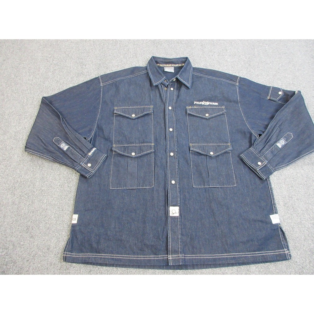 VTG Phat Farm Shirt Mens XL Blue Denim Long Sleeve Snap Front Casual Shacket